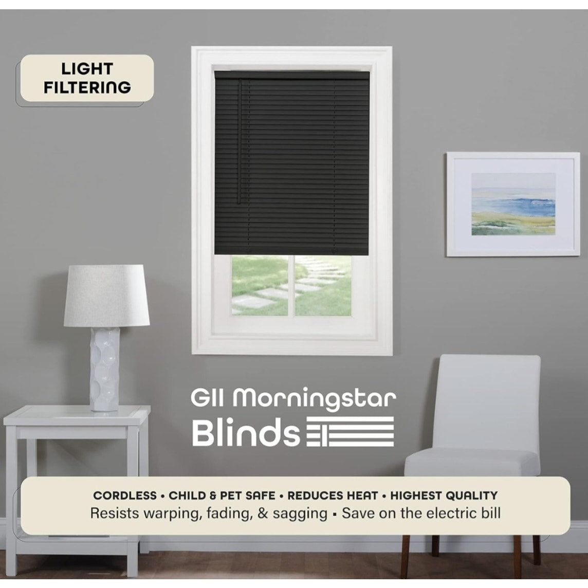 Cordless Light Filtering Mini Blind - 70 Inch Width, 48 Inch Length, 1" Slat Size - Black