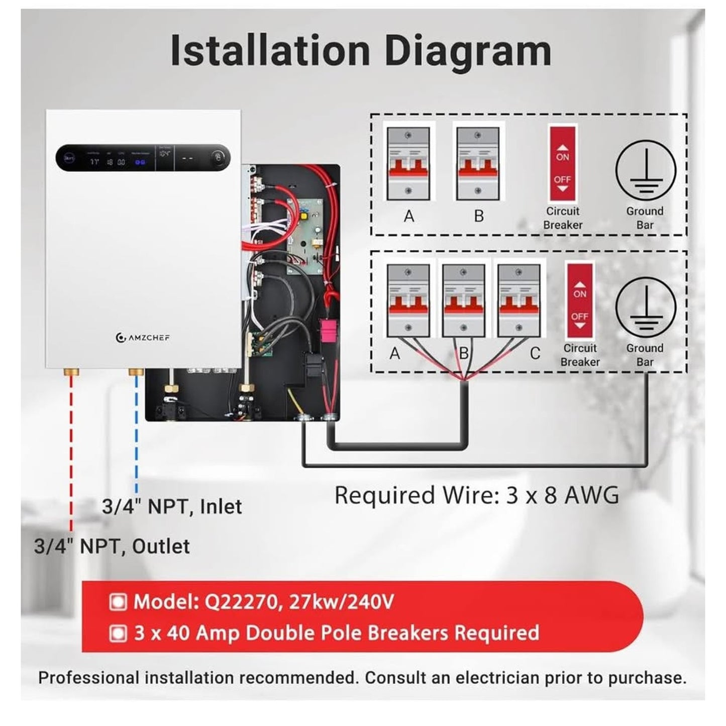 AMZCHEF Tankless Water Heater Electric 27kW 240V on Demand Instant Endless Water Heater with LED Tem