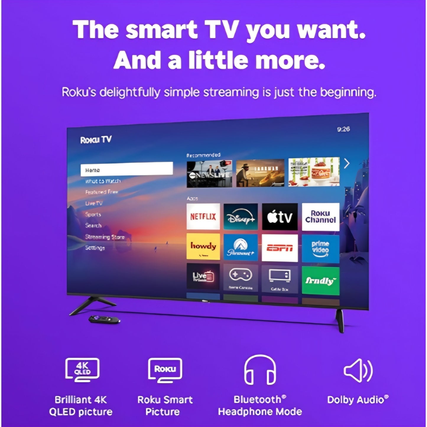 Roku Smart TV 2026 – 65-Inch Select Series, 4K QLED TV – Roku TV with Voice Remote Flat Screen QLED