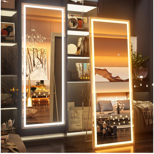 (281) 67x24 Inch LED Full Length Mirror with Lights, White Frame Dimmable & 3 Color Modes Floor