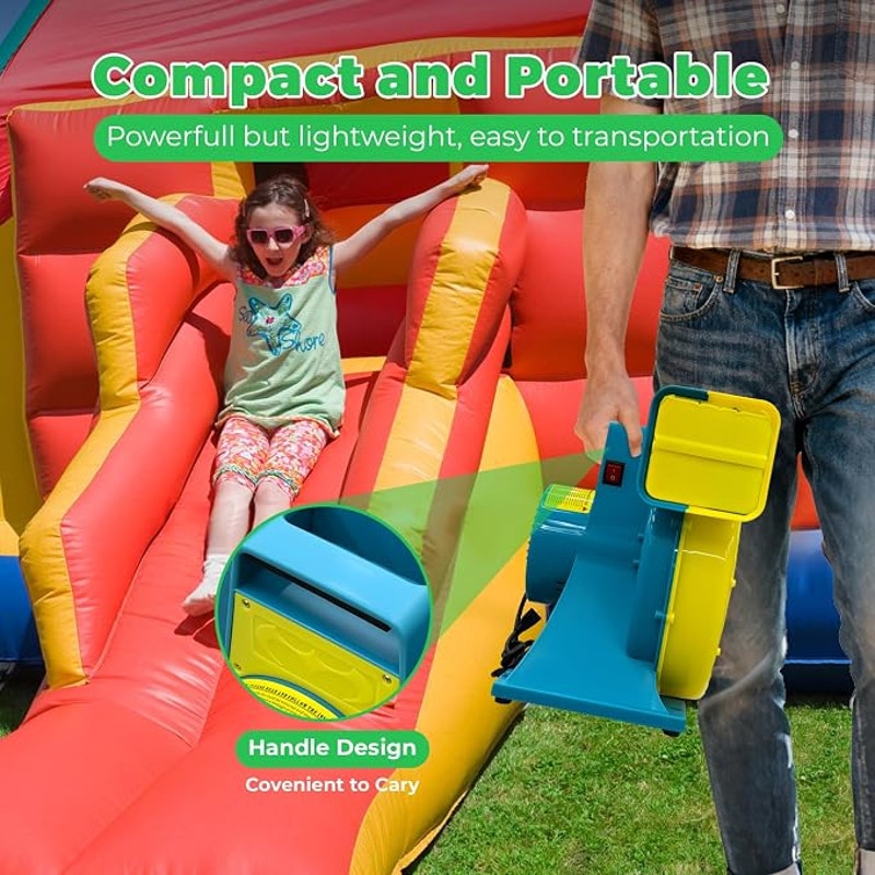 Bounce House Blower High Power Inflatable Air Blower, IPX4 Waterproof, 110-120V, 6 Stakes-1HP 750W