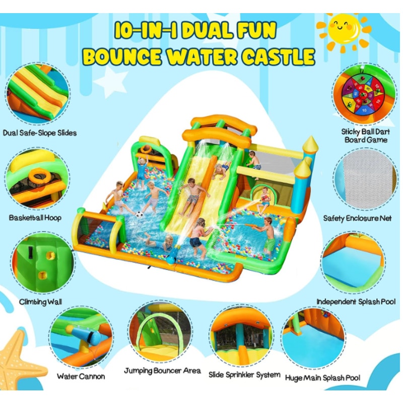 AONESY 10‑in‑1 Inflatable Water Slide Bounce House Combo, Dual Slides, Deep/Shallow Splash Pools