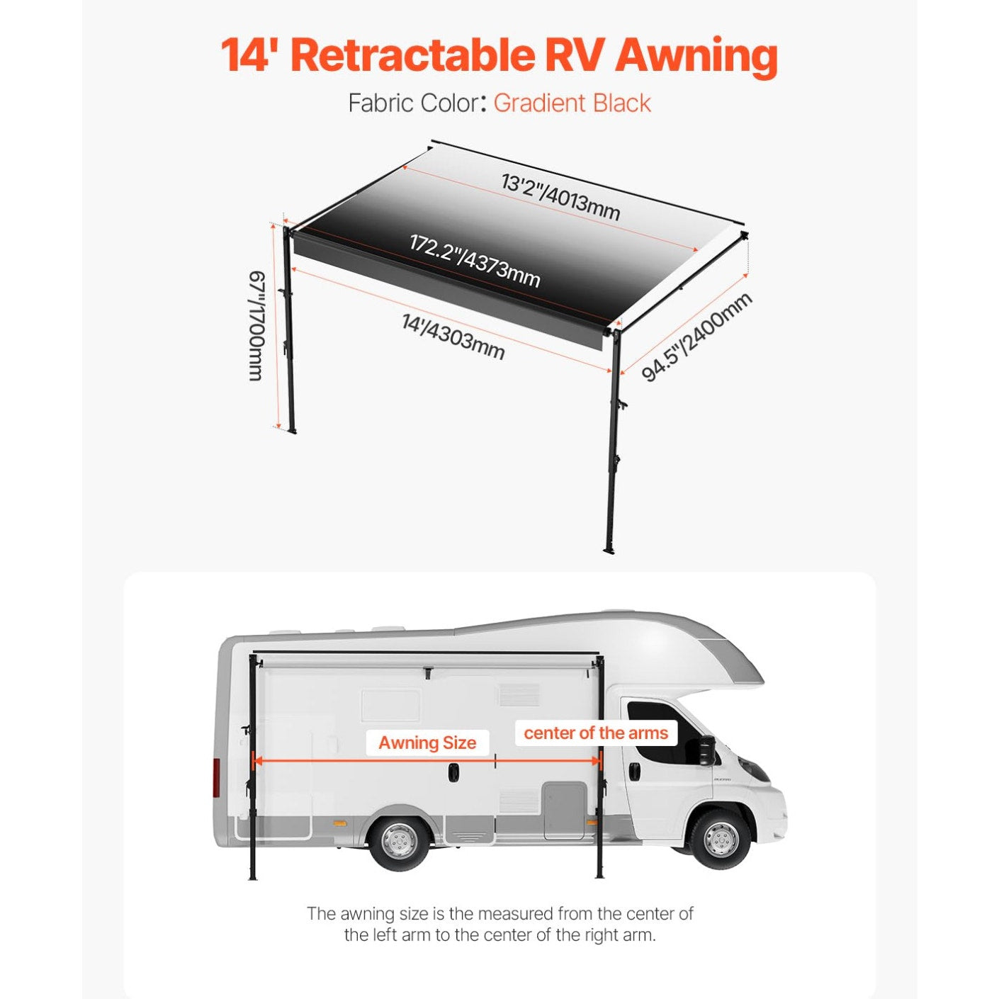VEVOR Manual RV Awning Complete Kit, 14' Retractable Awning with Aluminum Alloy