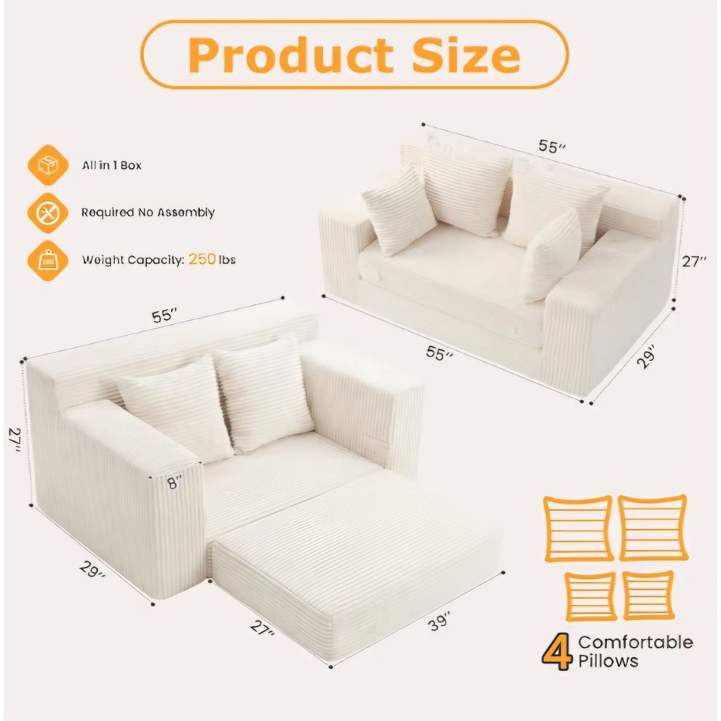 Boneless Loveseat Sleeper Sofa Bed, 3-in-1 Convertible Sofa Bed and Futon Couch with 4 Pillows