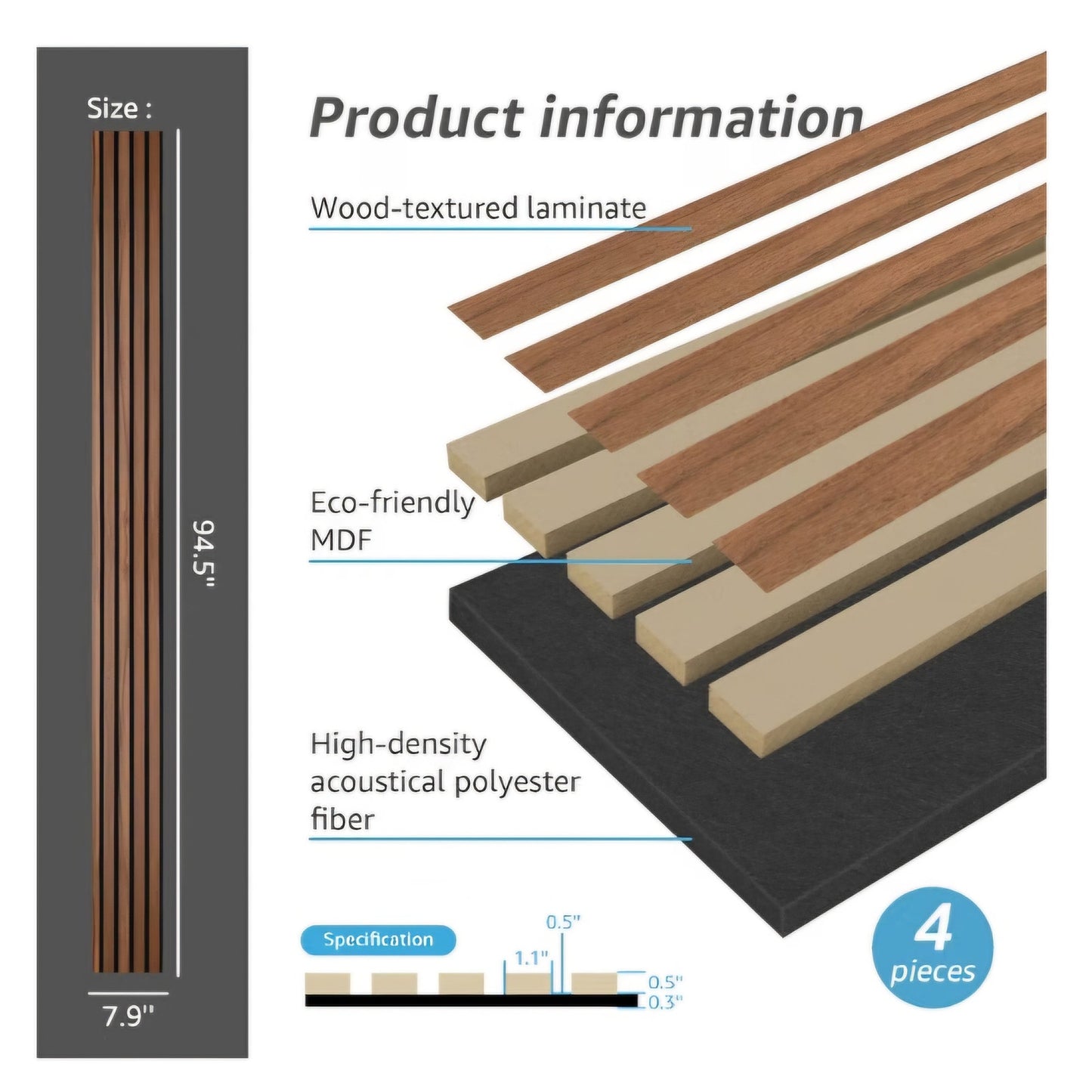 Art3d 4-Piece Wood Slat Acoustic Panels walnut 4 Pcs. 94.5 x 7.9 inc