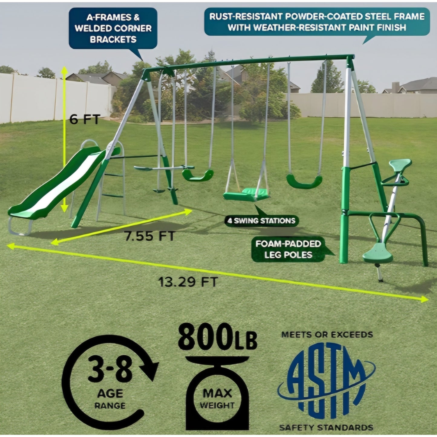 Sportspower Park Ridge Metal Swing Set for Ages 3-8, 2 Swings, Standing Swing, Roman Glider