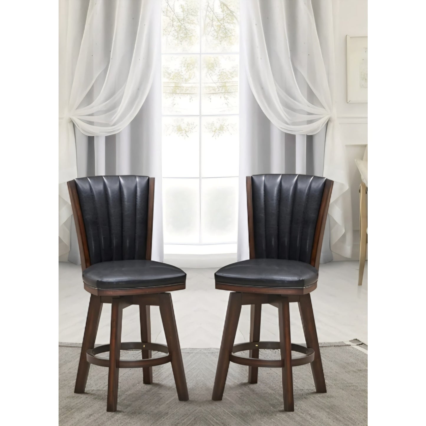 Poundex Furniture 24" Wood Swivel Counter Stool in Black Faux Leather (Set of 2)