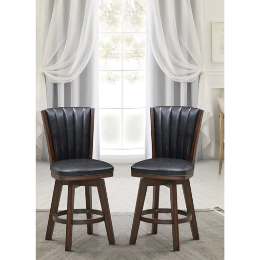 Poundex Furniture 24" Wood Swivel Counter Stool in Black Faux Leather (Set of 2)