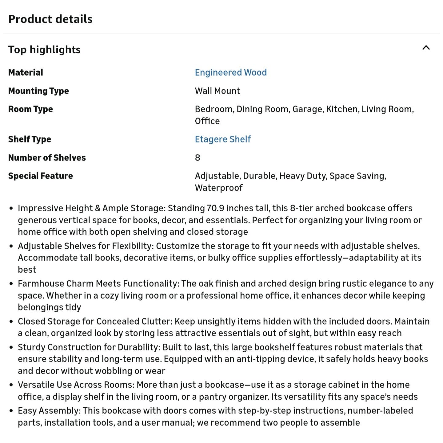 LITTLE TREE 70.9 Inches Tall Arched Bookcase, 8-Tier Bookshelf with Doors & Adjustable Shelves