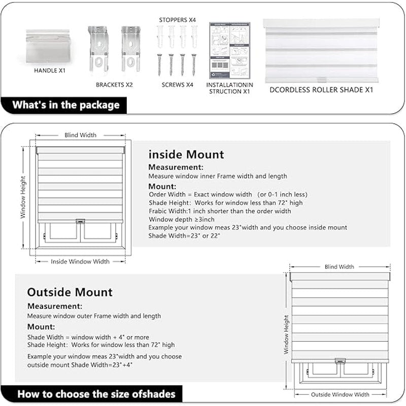 AOSKY Cordless Zebra Blinds for Windows Pull Down, 71" W X 72" H, White, Free-Stop Door Shades.