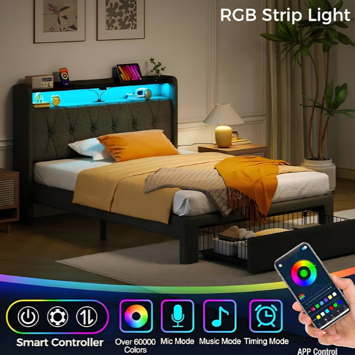 Rolanstar Twin Bed Frame with Drawer, Storage Headboard & LED Lights