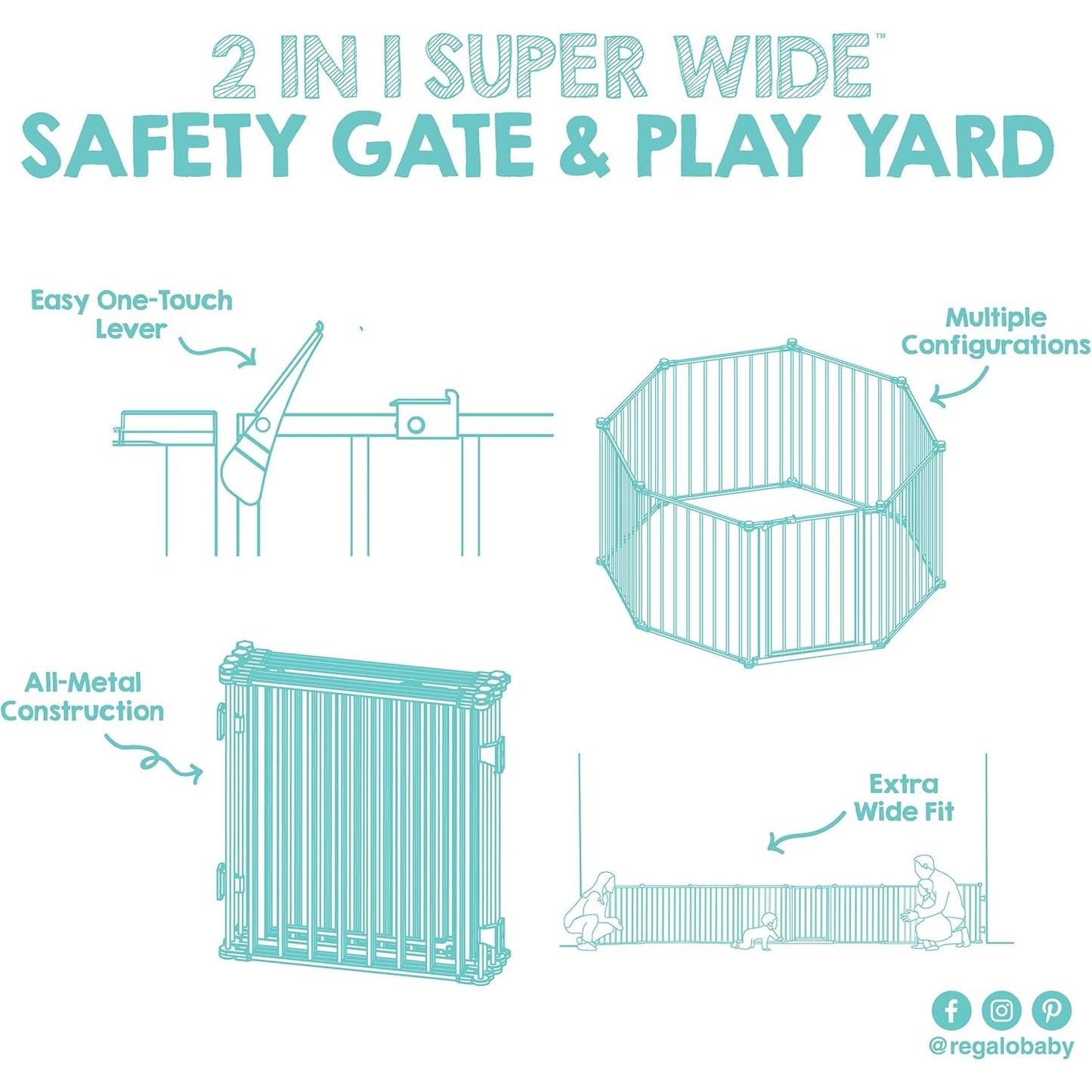 Regalo Safety 50.5-192"Wx28"H, Super Wide Baby Gate, 2-in-1 Convertible Extra Safety Barrier, White