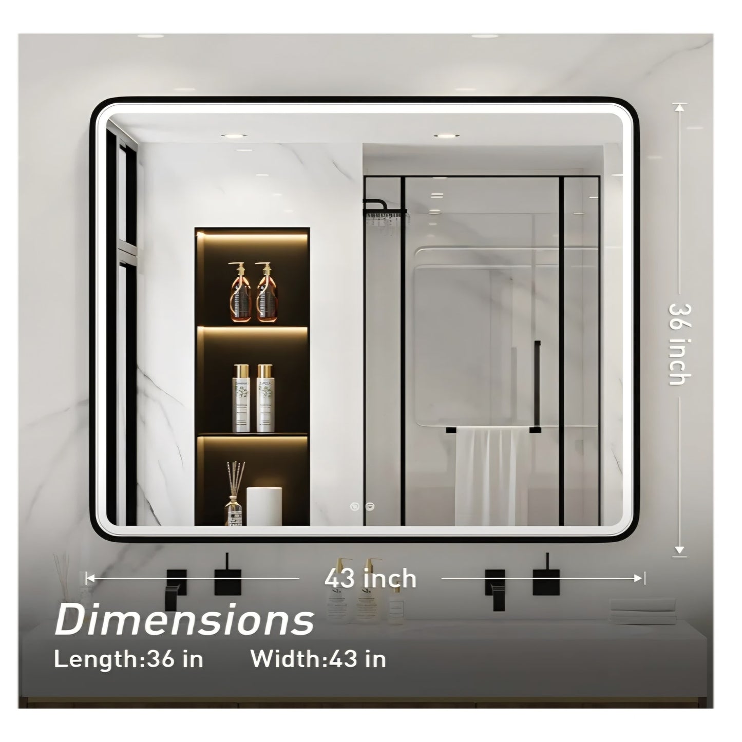 43X36 Inch Black LED Bathroom Mirror with Lights,Metal Frame Lighted Vanity Mirror,Anti Fog,Dimmabl