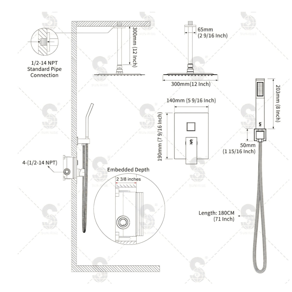 Shower faucet 12 Inch Ceiling Mount Matte Black Shower System Bathroom Luxury Rain Mixer