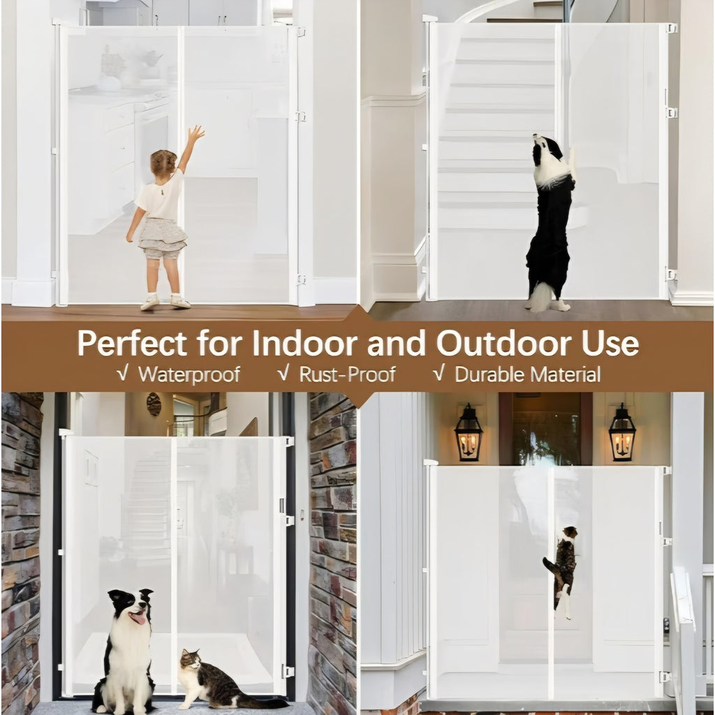 Retractable Dog Gate with Support Rods, Indoor/Outdoor 72x55