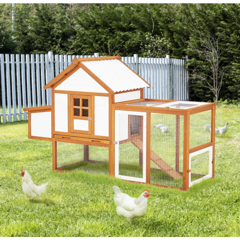 PioneerWorks Outdoor Chicken Coop Wooden Hen House with Run, Poultry Cage w/Ramps, Nesting Box