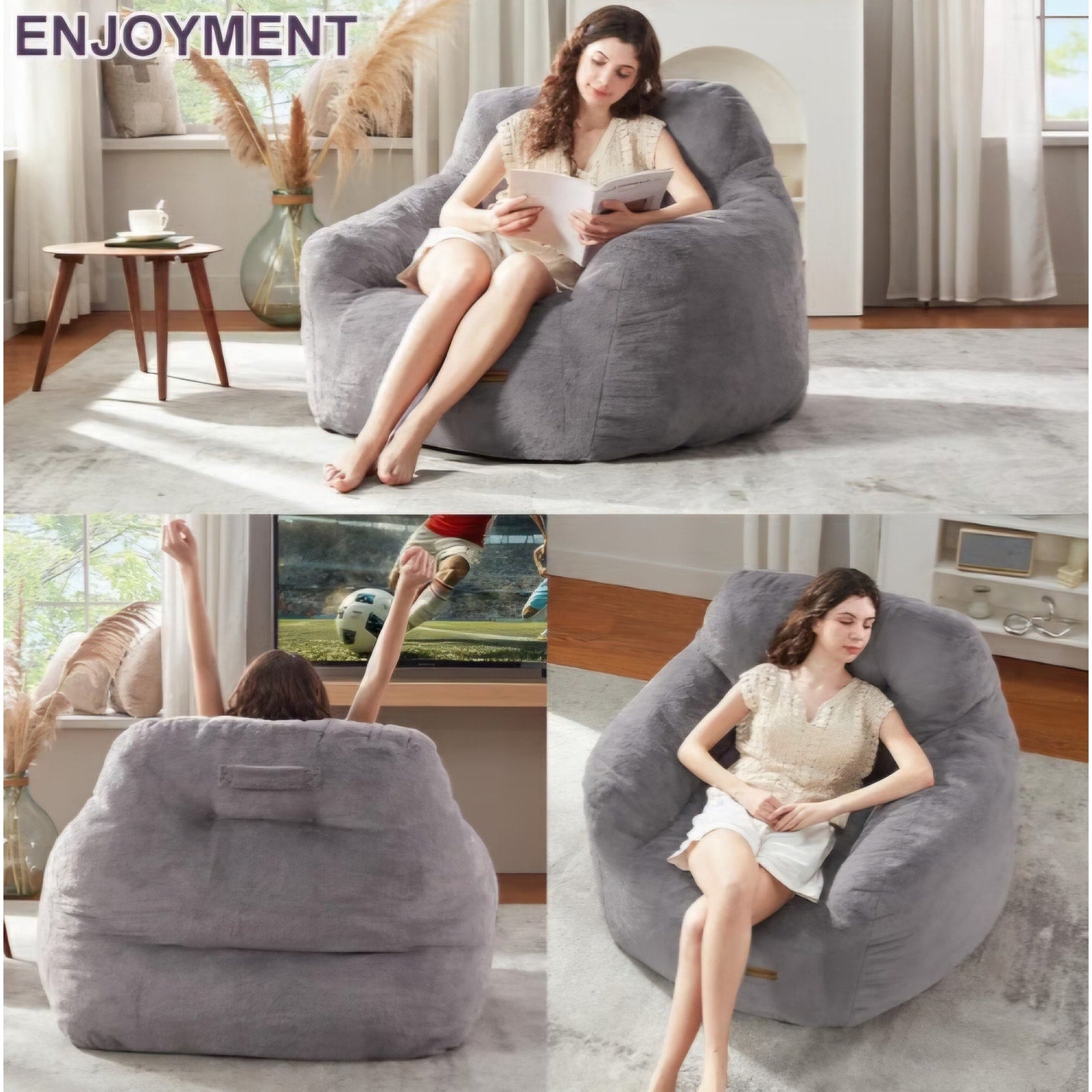 Giant Bean Bag Chair with Lumbar Pillow & Armrests, Oversized Dark Gray Faux Fur Bean Bag Couch