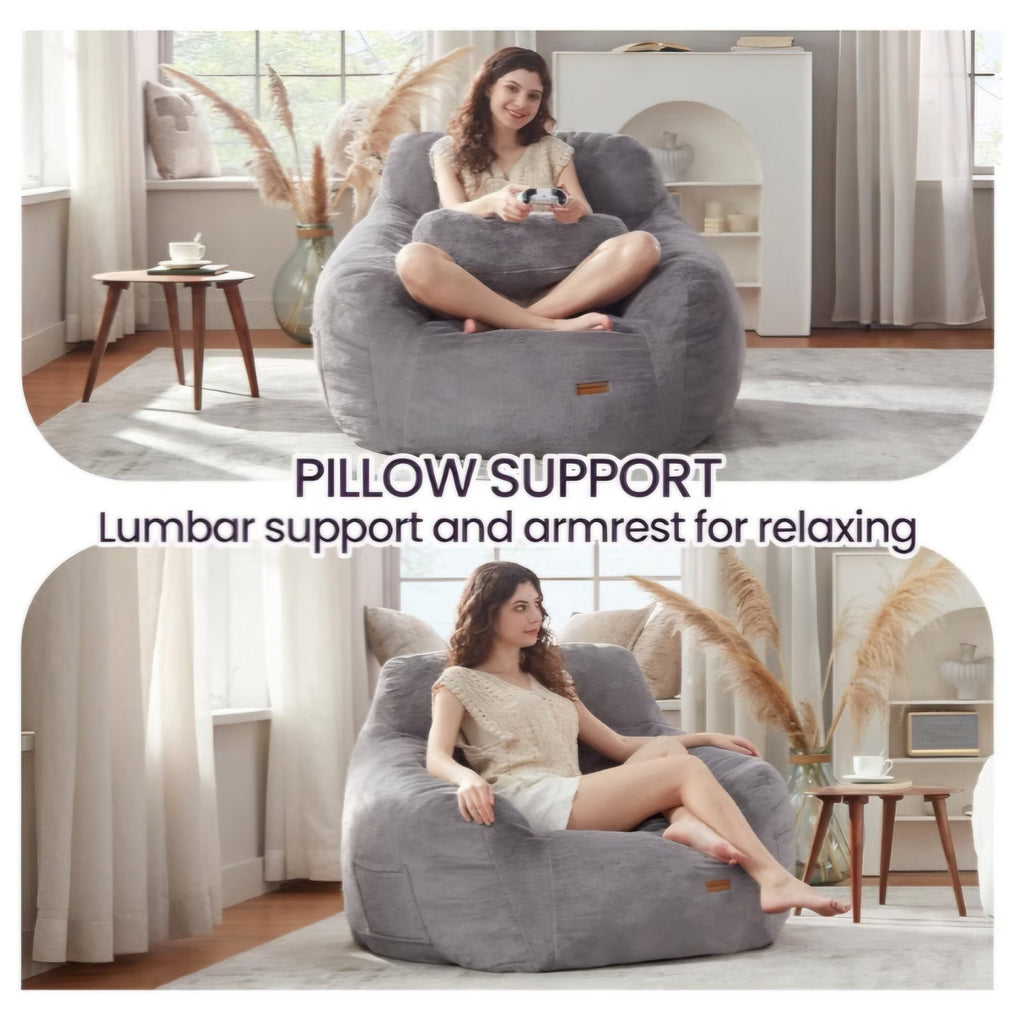 Giant Bean Bag Chair with Lumbar Pillow & Armrests, Oversized Dark Gray Faux Fur Bean Bag Couch