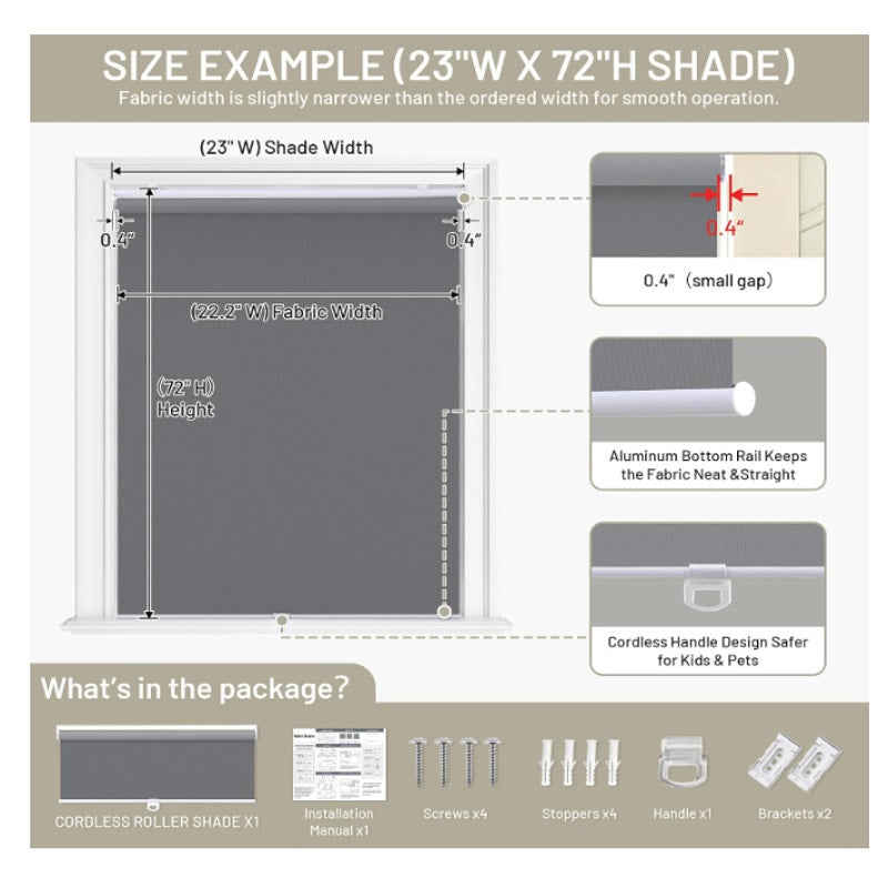 SUNOFF 35" W x 72" H, Grey Blackout Cordless Roller Shades Blinds