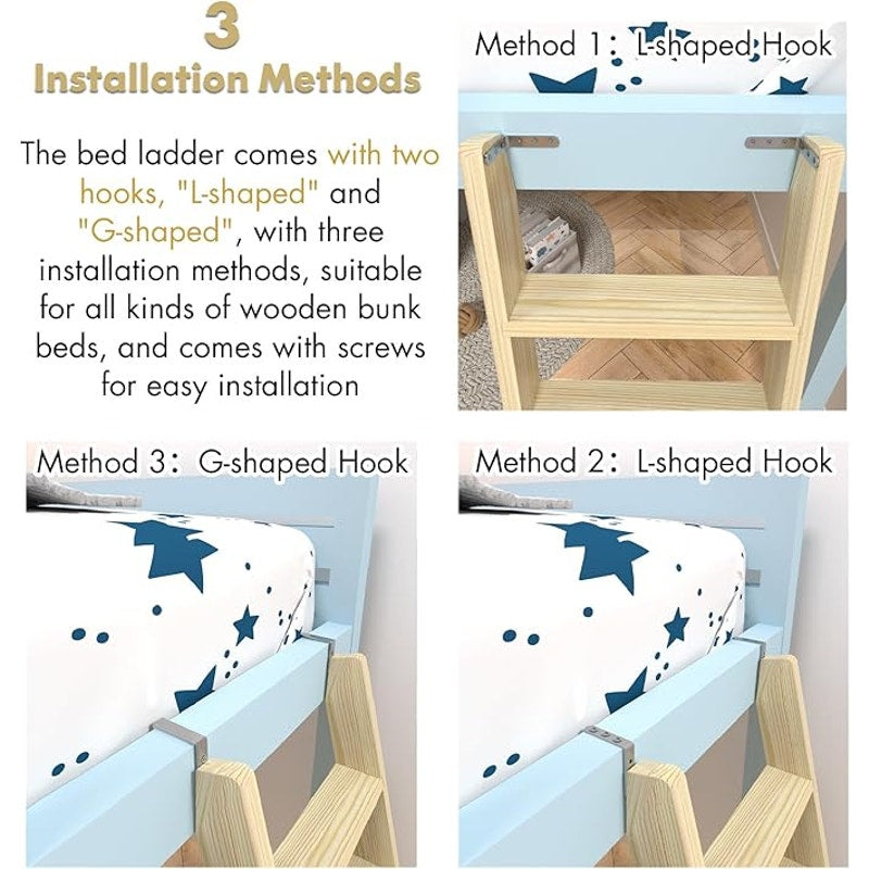 Wood Bunk Bed Ladder, Lofted with 4in Extra Wide Steps & Non-Slip Pads, Wood Color, 55in /140cm