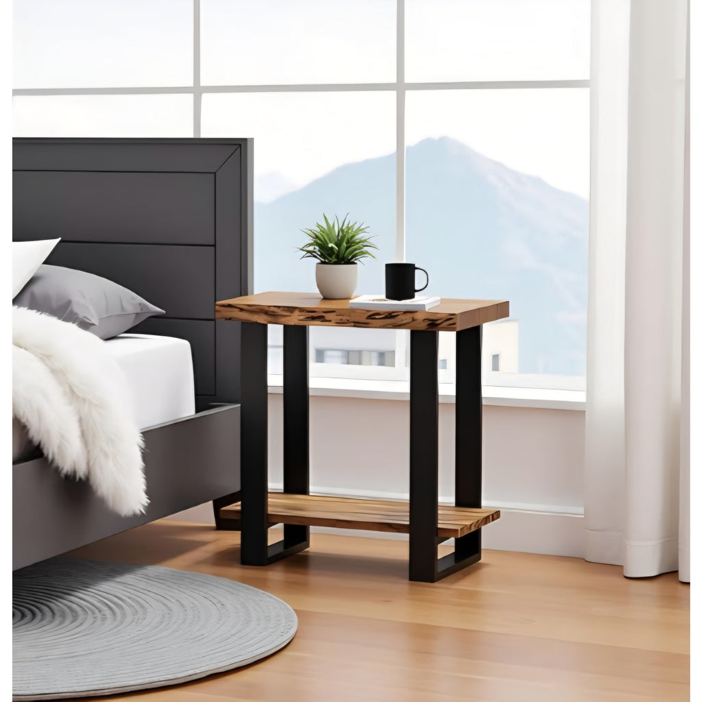 Alpine 2-Tier End Table with Live Edge Design – 27-Inch Solid Acacia Wood Industrial
