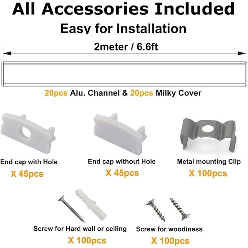 hunhun 20-Pack 6.6ft/ 2Meter U Shape LED Al. Channel System, Milky Cover, End Caps & Mounting Clips