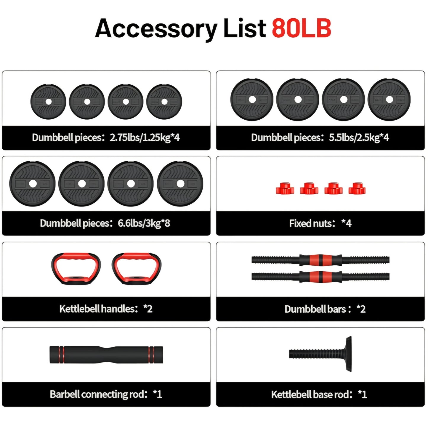 Adjustable Dumbbell, 20/30/40/60/80lbs Dumbbells Set, 4-in-1 Free Weights for Women/Men Workout