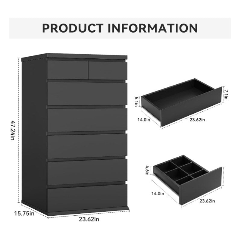 Black Tall 7 Drawer Dresser for Bedroom, Modern Wood Closet Dressers & Chests of Drawers