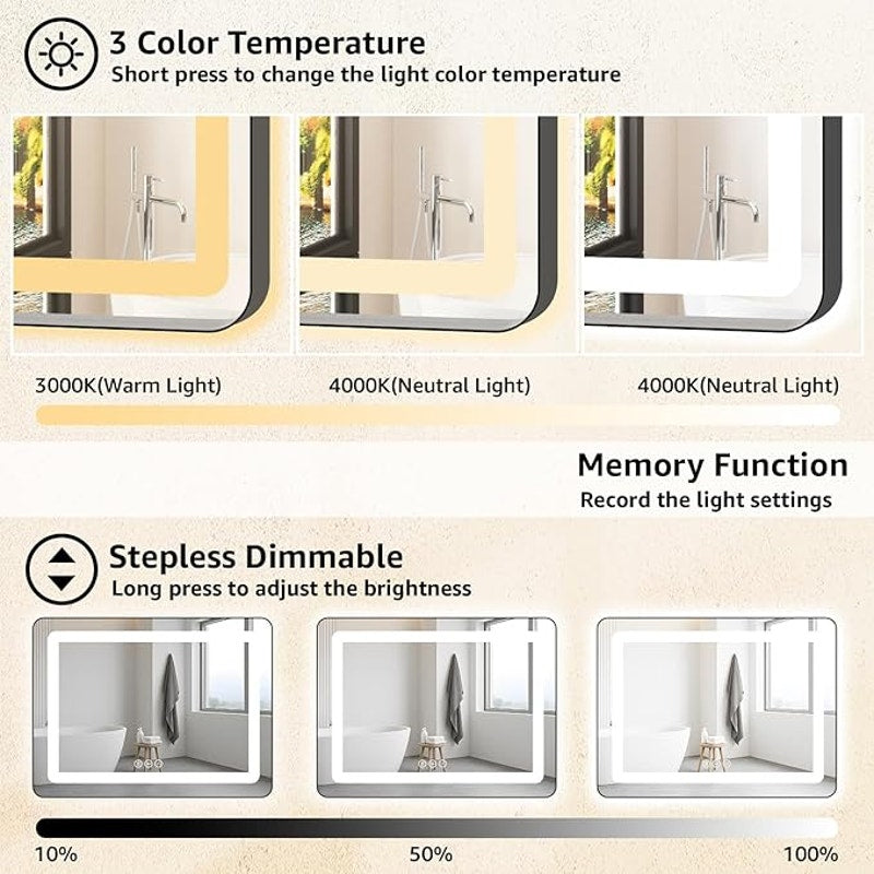 60" x 40" LED Bathroom Mirror with Backlit & Frontlit, Dimmable 3-Color Lights, Black Frame
