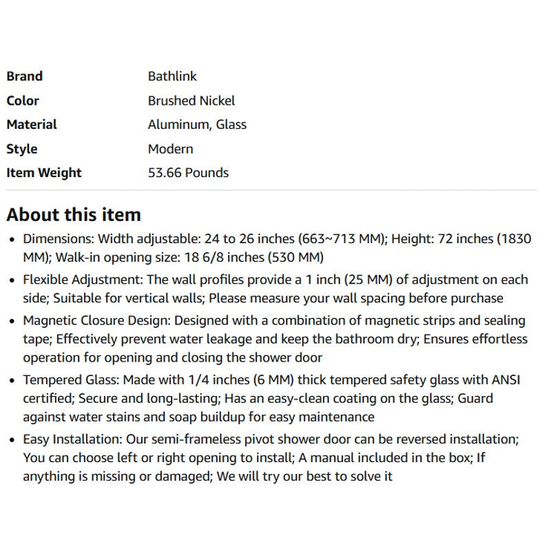 Pivot Shower Door,24-26" W x 72" H Frameless, 1/4" (6 mm) in Thick Clear Tempered Glass, Gold