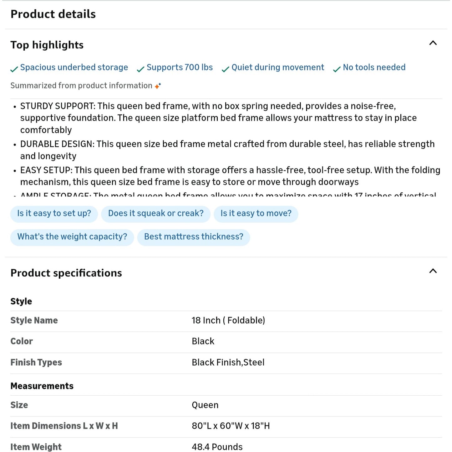 Amazon Basics Bed Frame with Storage, Foldable Metal Platform, Queen