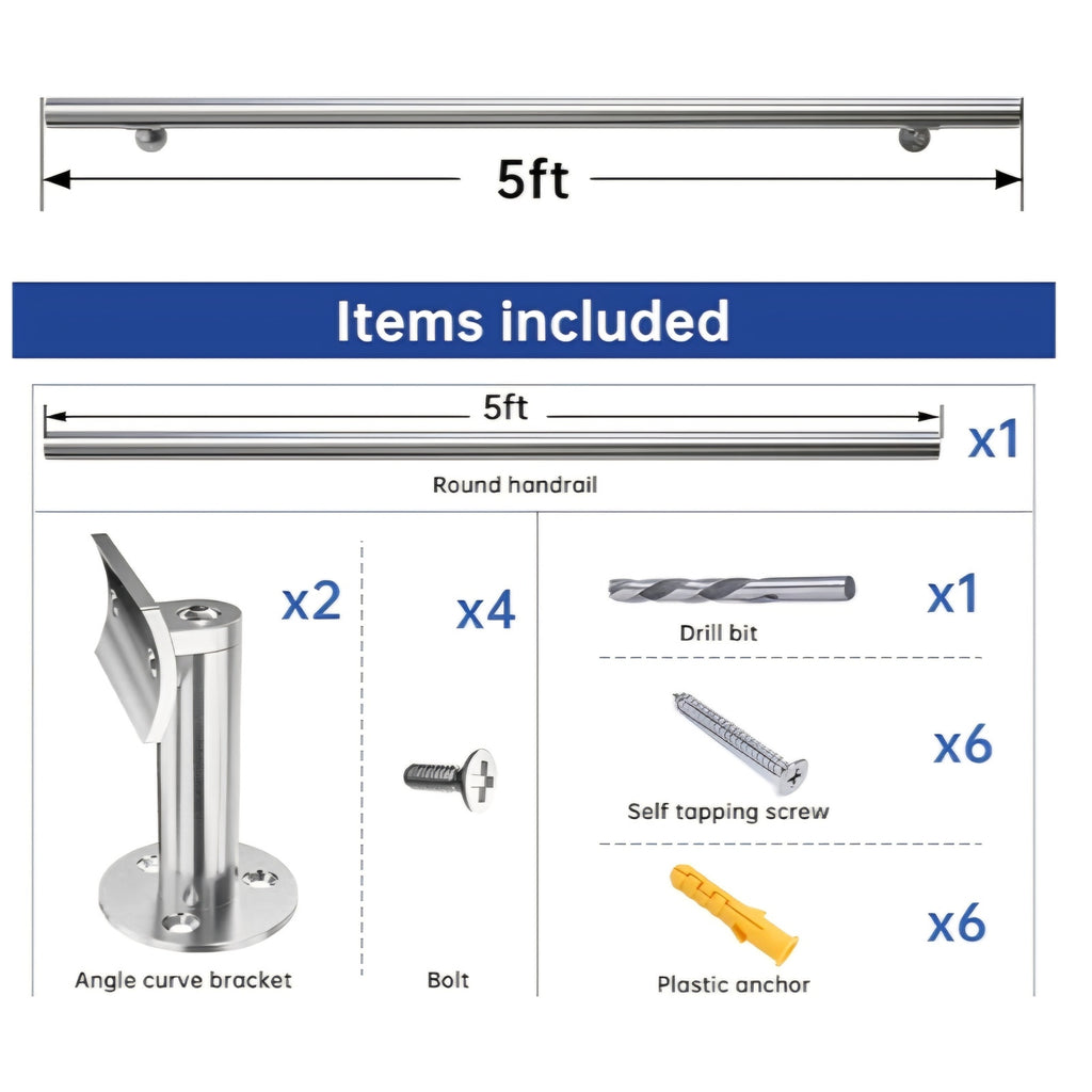 Muzata 5Ft Pre-drilled Stair Handrail 2" OD Round Brushed Wall Mounted Handrail 5 ft