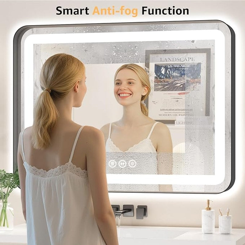 60" x 40" LED Bathroom Mirror with Backlit & Frontlit, Dimmable 3-Color Lights, Black Frame