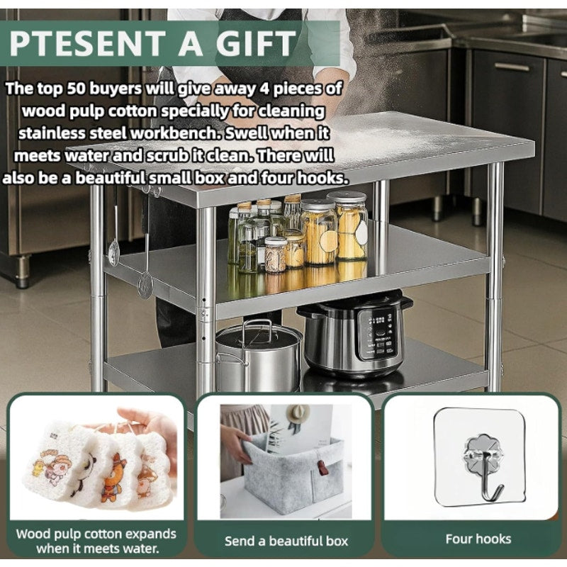 Stainless Steel Table with Wheels for Food Preparation and Work, (60" Lx32 Wx34 H)