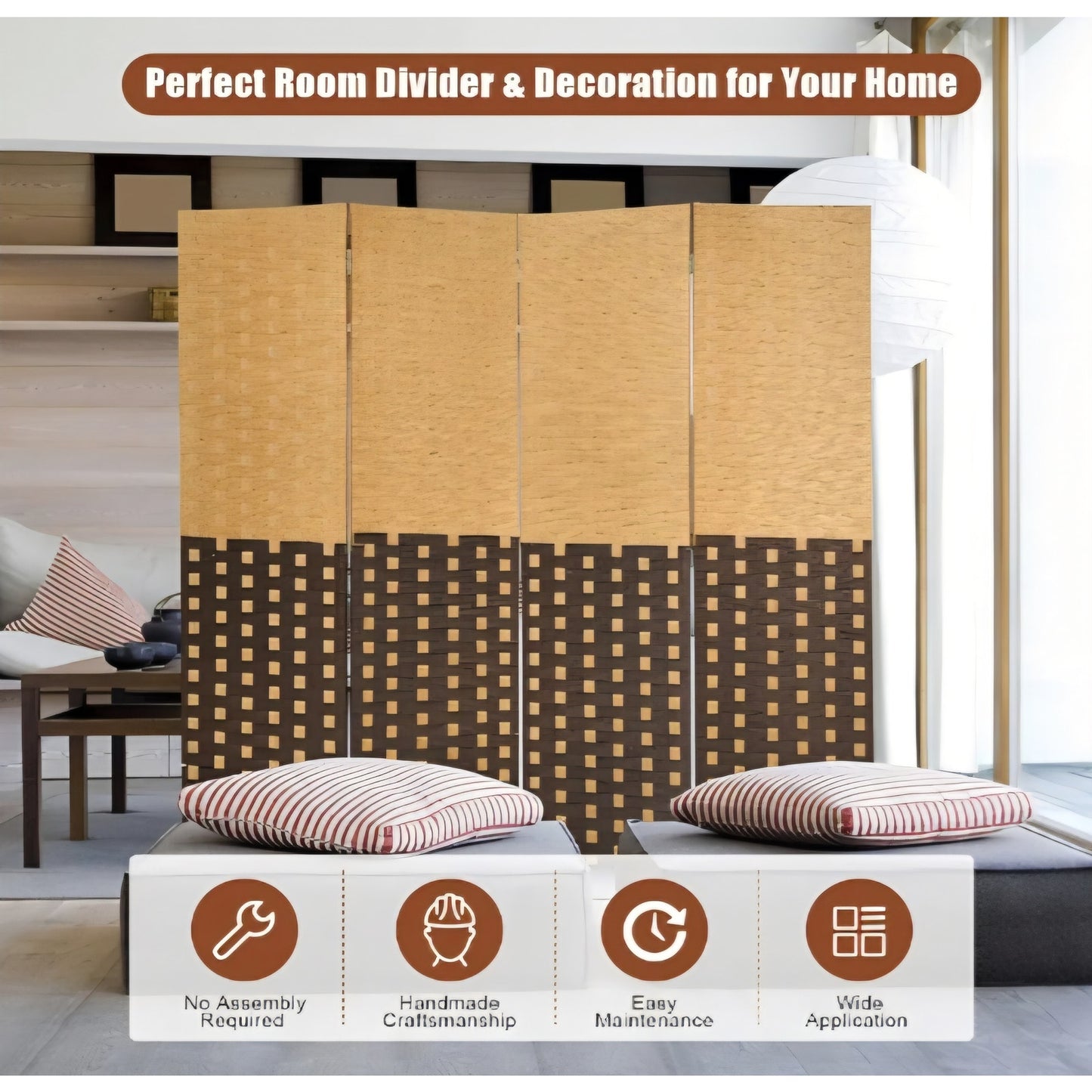 Giantex 4 Panel Room Divider, 6 Ft Tall Handmade Rattan Room Dividers, Portable Wood Room Separator