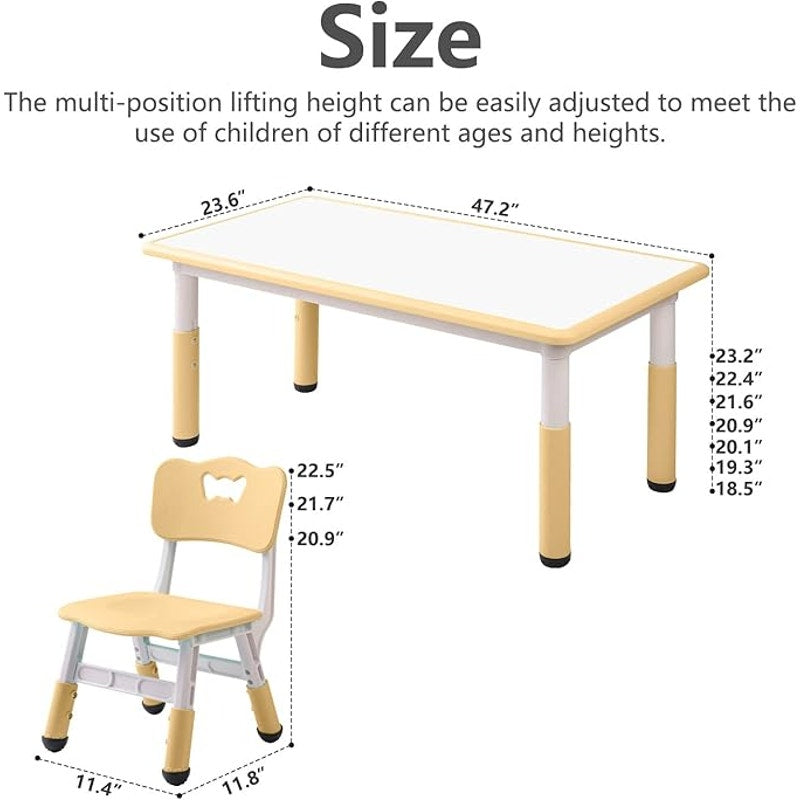 Children's Table & Chair Set Suitable, Age 2-12 Height, Adjustable Table top,  6 Seats(Wood Color)