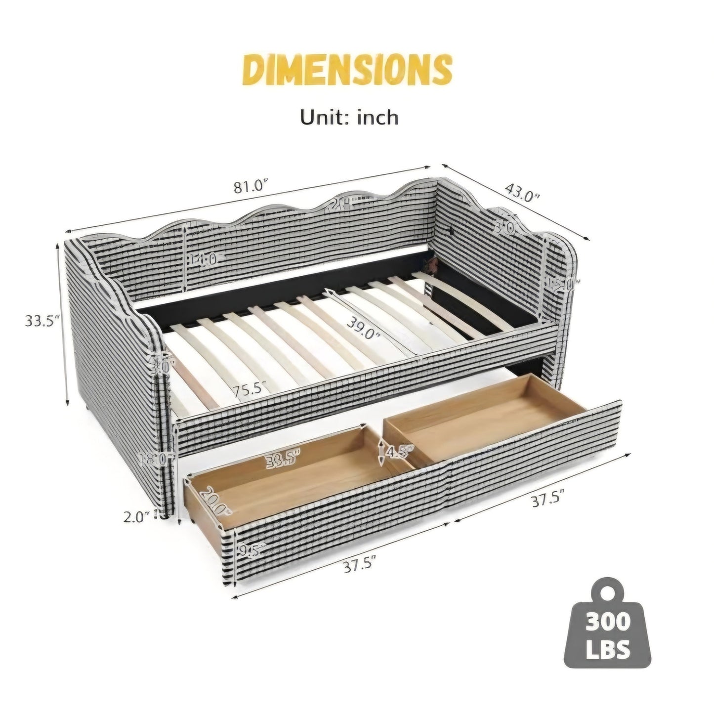 Twin Size Upholstered Daybed with 2 Storage Drawers, Gingham Daybed with USB Ports for Bedroom