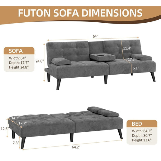 Shintenchi Futon Sofa Bed, Velvet Foldable Couch Reclining Sleeper w/Removable Armrests, Upholstered