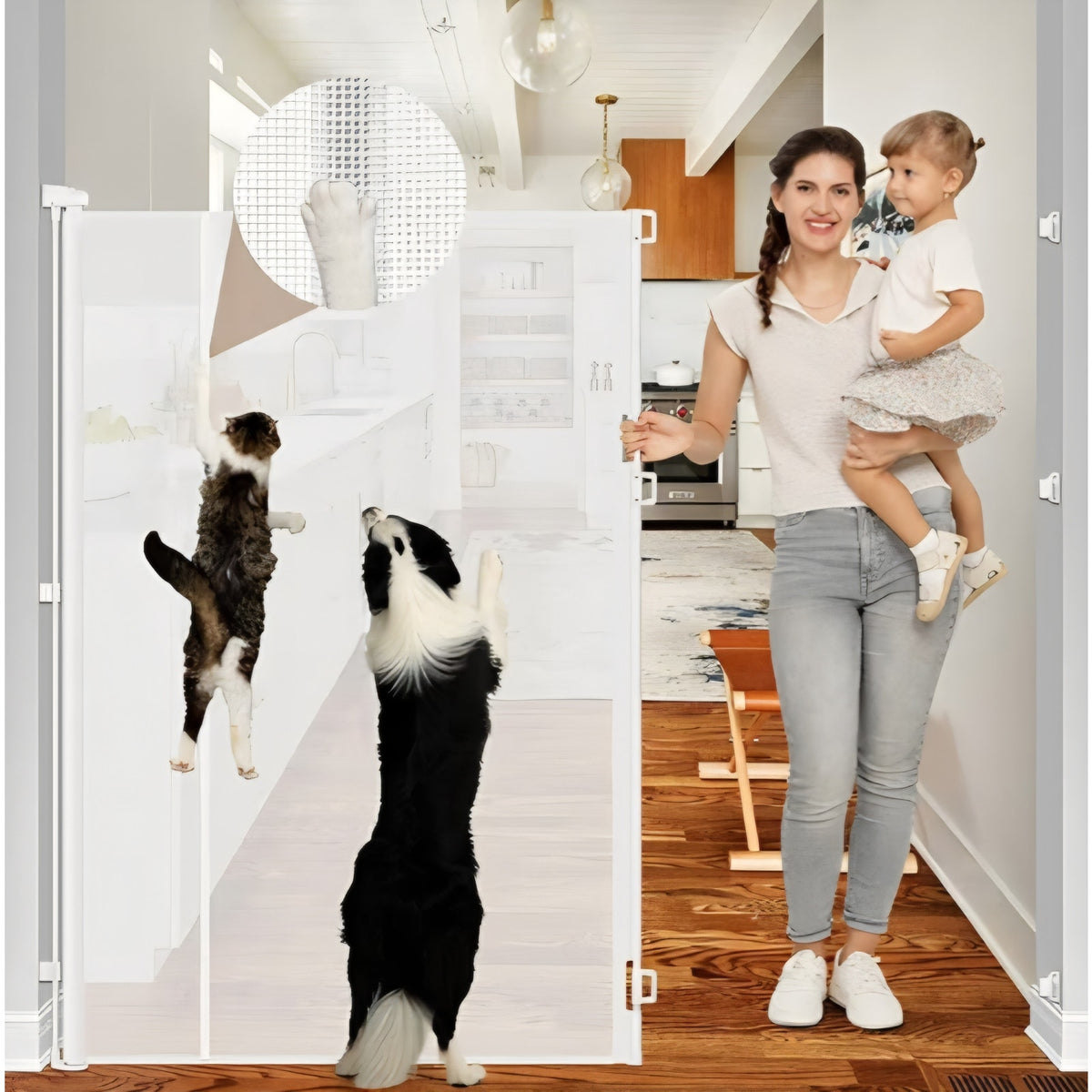 Retractable Dog Gate with Support Rods, Indoor/Outdoor 72x55