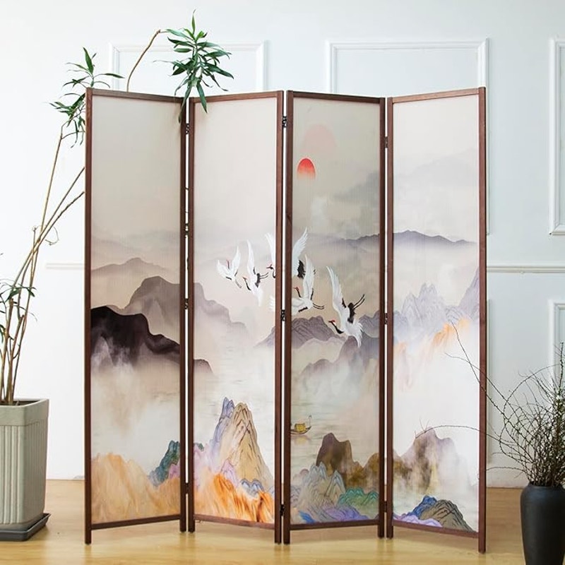 Furnnylane 4 Panel Room Divider, Double-Sided Folding Privacy,Landscape 67" H x 63" W - 5.6 ft Tall