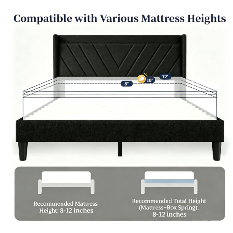 Full Size Bed Frame with Charging Station and LED Lights, Wingback Bed Frame with Headboard