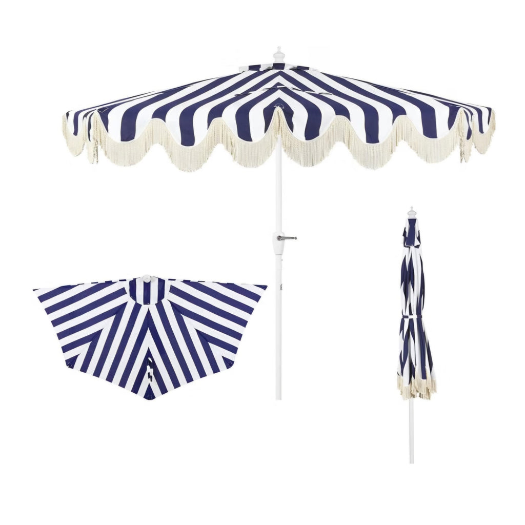 JONATHAN Y Beverly 9 ft. Coastal Navy and White Striped Half Patio Umbrella with Scalloped Fringe