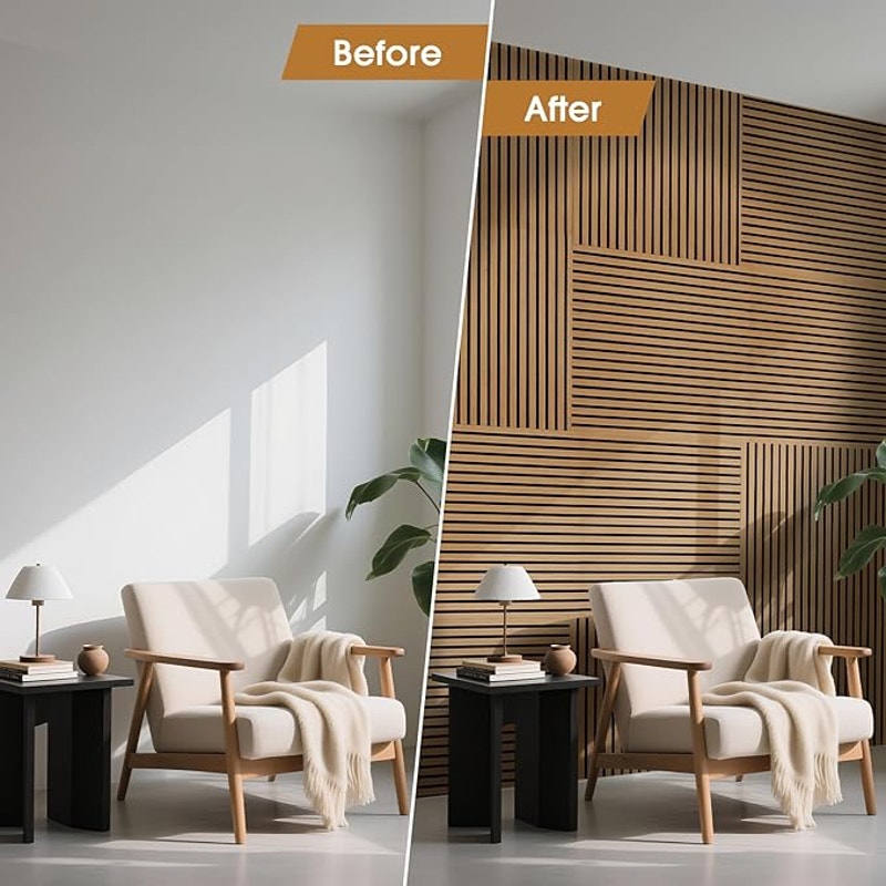 Acoustic Wood Wall Panels 4 Pack 47.6" x 23.6" for Interior Wall Decor-Teak (Cover Approx.31 sq.ft)