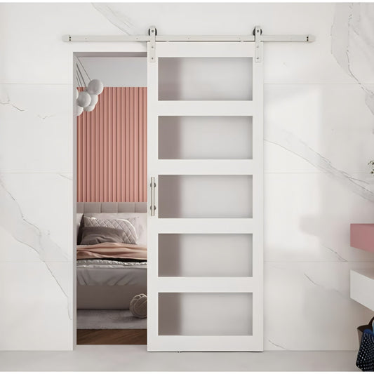 BARNSMITH 36in x 96in Glass Barn Door and 6.6FT Nickle Sliding Door Hardware Included,