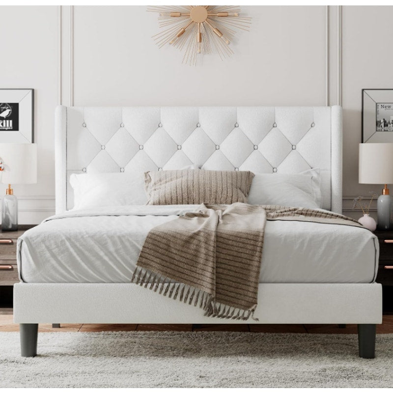 Feonase Queen Size Bed Frame with Diamond Tufted Wingback Headboard, Upholstered Platform Bed