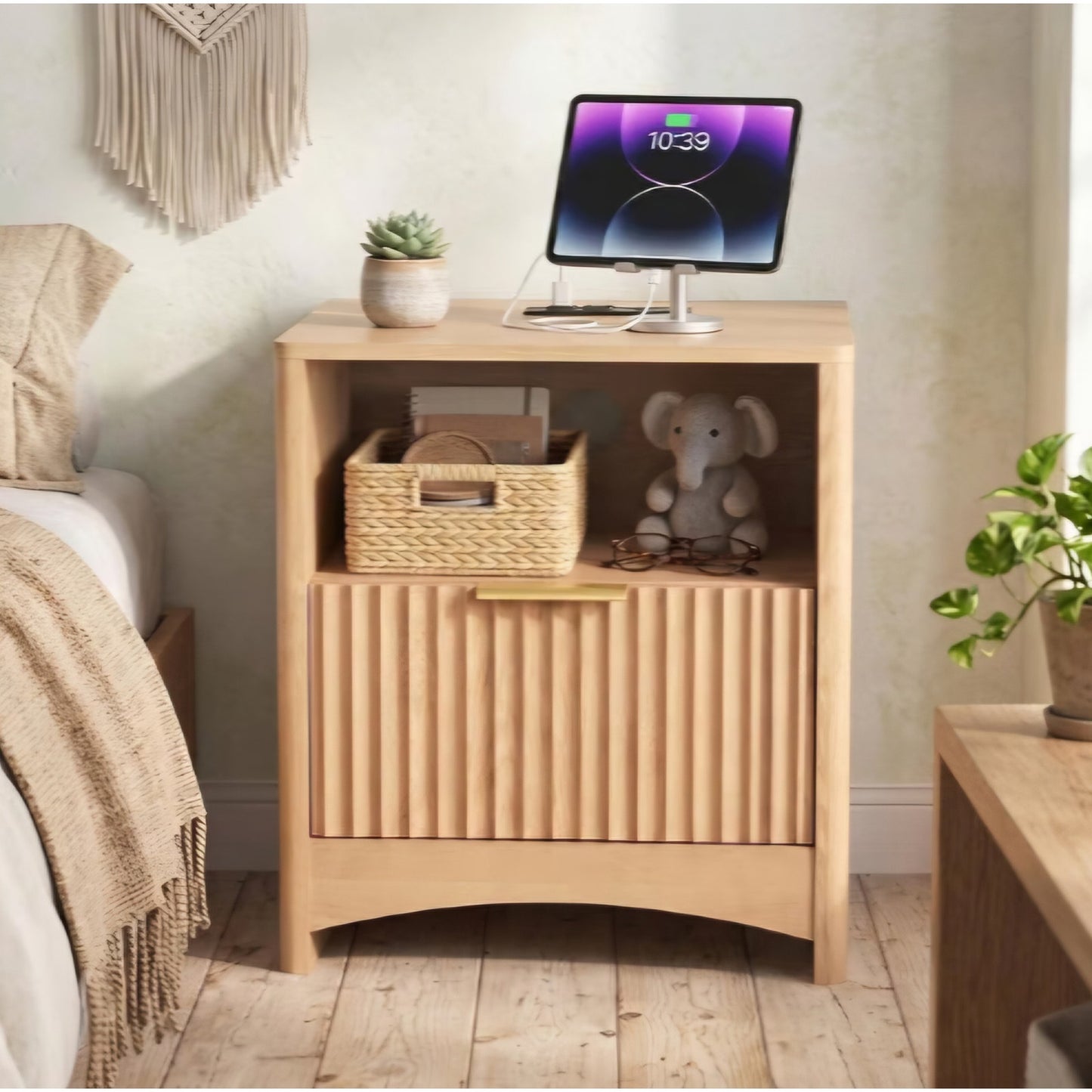 Marsail Wooden Nightstand with Drawer, Modern Night Stand with Charging Station and Storage