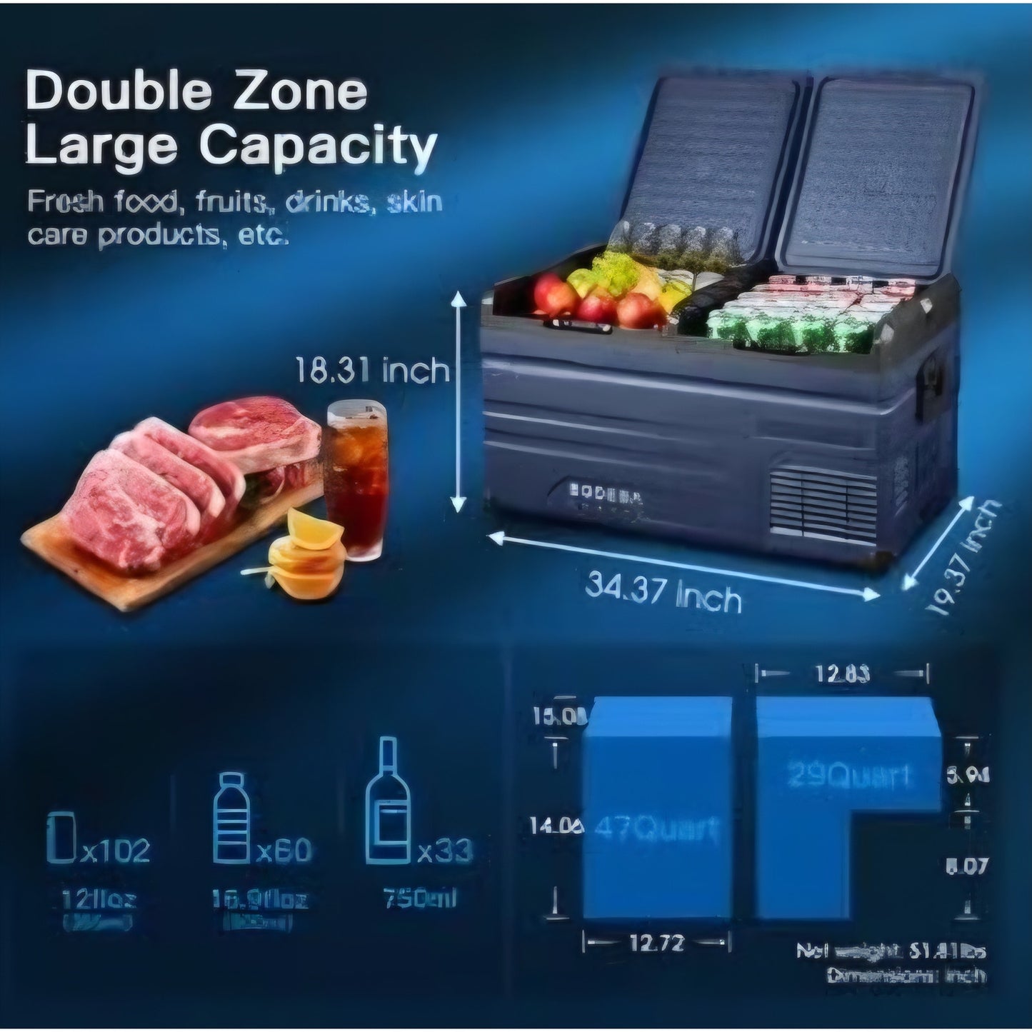 BODEGACOOLER 12 Volt Car Refrigerator,Dual Zone APP Control, Designed with Removable 2-Way Door