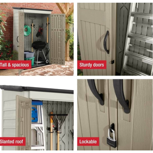 Rubbermaid Vertical Resin Outdoor Storage Shed With Floor (4 x 2.5 Ft) Weather Resistant Beige