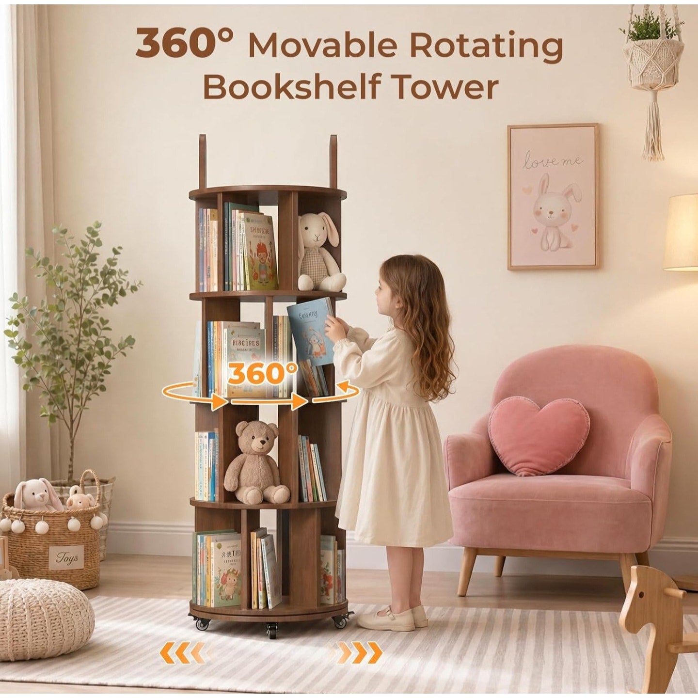 Kryonix Rotating Bookshelf, Solid Wood 4 Tier Spinning Book Shelf Tower, 360° Revolving Bookcase
