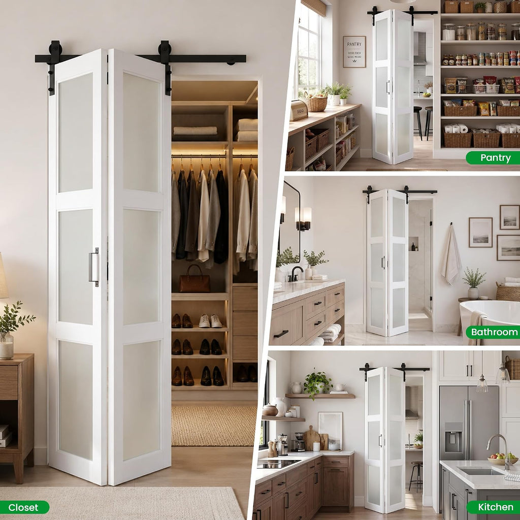 SMARTSTANDARD 24" x 84" Bifold Sliding Barn Door (Double 12"), 3-Lite Frosted Glass Panels, white.